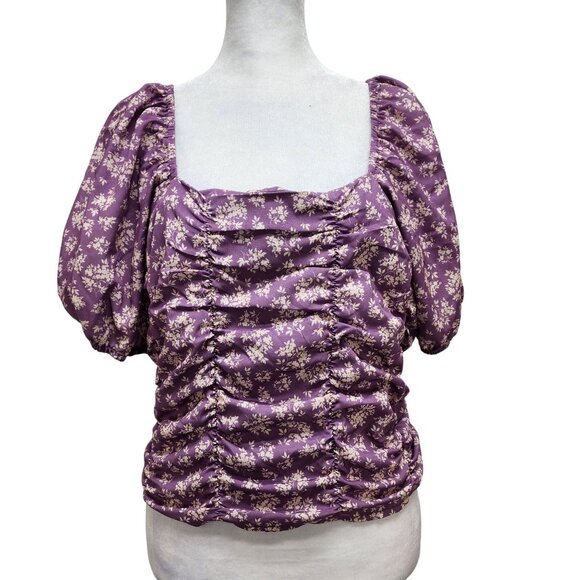 Celebrity Pink Womens Purple Puff Sleeve Ruched Top With Floral Print Size L - Picture 4 of 10